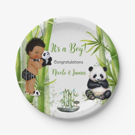 Panda Bamboo Theme Baby Boy Schwarz-weiß Green Pappteller (Vorderseite)