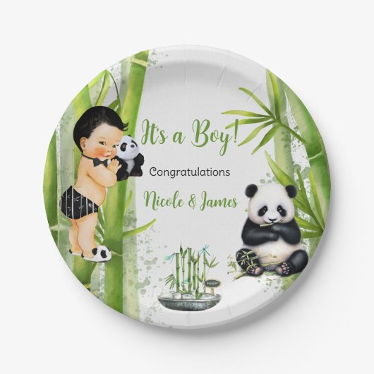 Panda Bamboo Theme Baby Boy Schwarz-weiß Green Pappteller (Vorderseite)