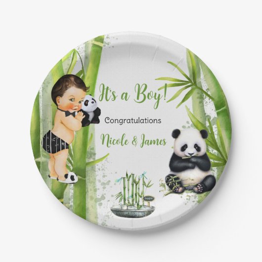 Panda Bamboo Theme Baby Boy Schwarz-weiß Green Pappteller (Vorderseite)