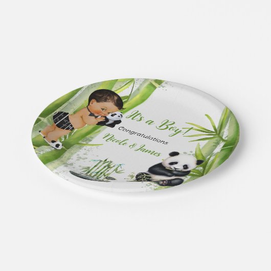Panda Bamboo Theme Baby Boy Schwarz-weiß Green Pappteller (Schrägansicht)
