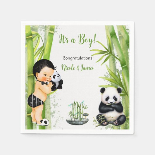 Panda Bamboo Theme Baby Boy Schwarz-weiß Green Serviette (Vorderseite)