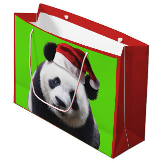 Panda-Bär, der einen Weihnachtsmann-Hut trägt Große Geschenktüte