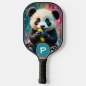 Panda Bär isst eine eingelegte Gurke Monogramm Pickleball Schläger (Rückseite)