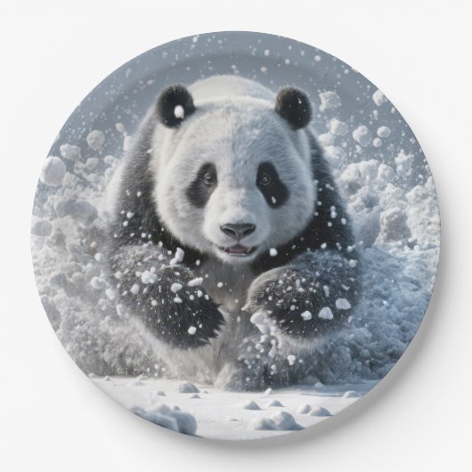 Panda-Bär läuft im Schnee Pappteller (Vorderseite)