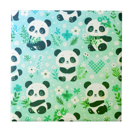 Panda-Bär-Muster Grün Druck Fliese (Vorderseite)