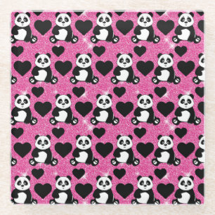 Panda Bär Tierliebhaber Schwarze Herzen Rosa Glitt Glasuntersetzer