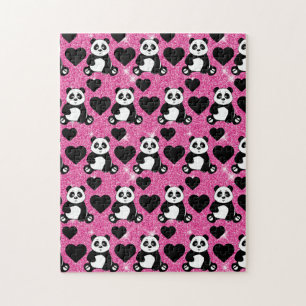 Panda-Bär-Tierliebhaber Schwarze Herzen Rosa Glitt Puzzle