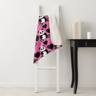 Panda Bär Tierliebhaber Schwarze Herzen Rosa Glitt Sherpadecke
