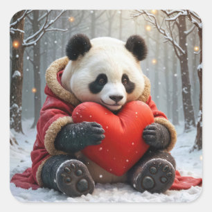 Panda Bär umarmt ein rotes Herzklopfen Quadratischer Aufkleber