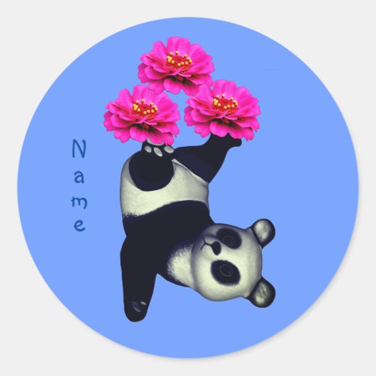 Panda Bär und rosa Zinnia Blume Personalisiert Runder Aufkleber (Vorderseite)