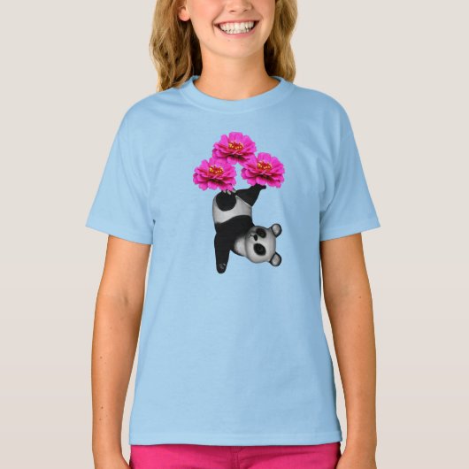 Panda Bären und rosa Zinnia-Blume T-Shirt (Vorderseite)