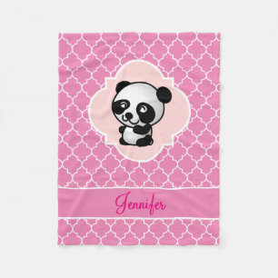 Panda-Bärn-Rosa Quatrefoil mit Namen Fleecedecke