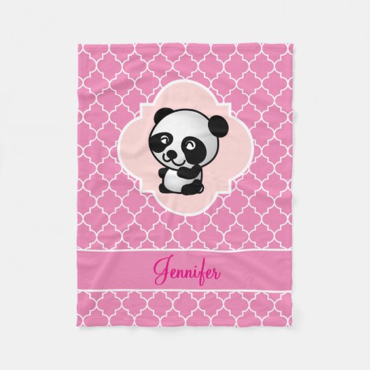 Panda-Bärn-Rosa Quatrefoil mit Namen Fleecedecke (Vorderseite)