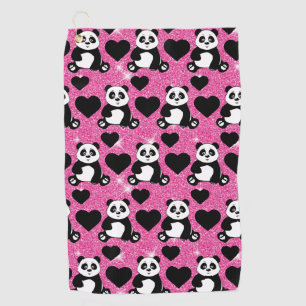 Panda Bear Animal Lover Black Hearts Pink Glitzer Golfhandtuch