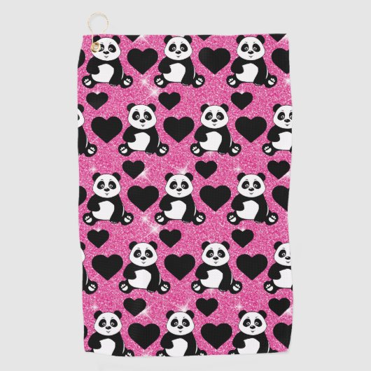 Panda Bear Animal Lover Black Hearts Pink Glitzer Golfhandtuch (Vorderseite)