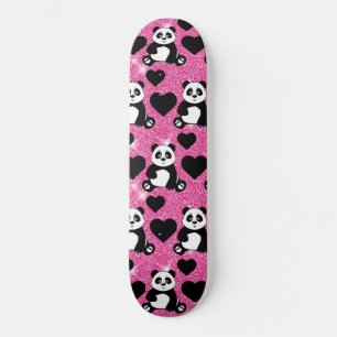 Panda Bear Animal Lover Black Hearts Pink Glitzer Skateboard