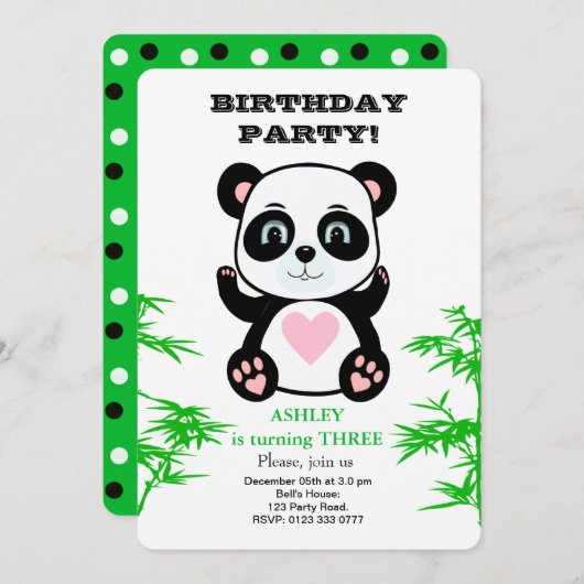 Panda Bear & Bamboo Pflanze Kindergeburtstag Einla Einladung (Vorne/Hinten)