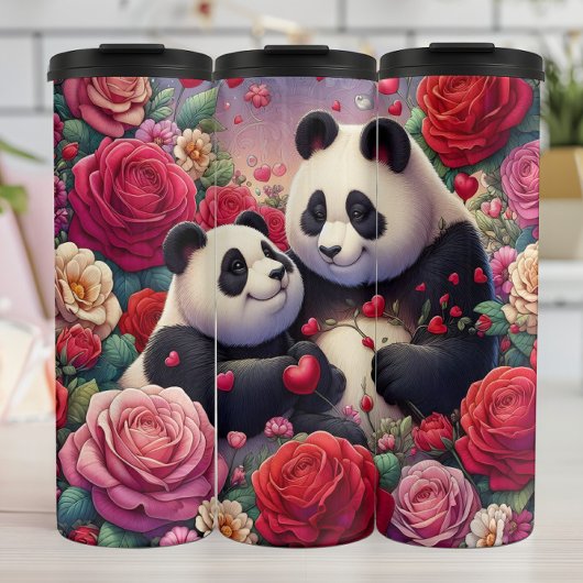 Panda Bear Couple Rose Garden Wrap Thermosbecher