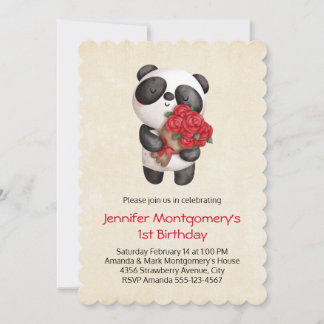 Panda Bear Holding Bouquet Rose Geburtstag Einladung