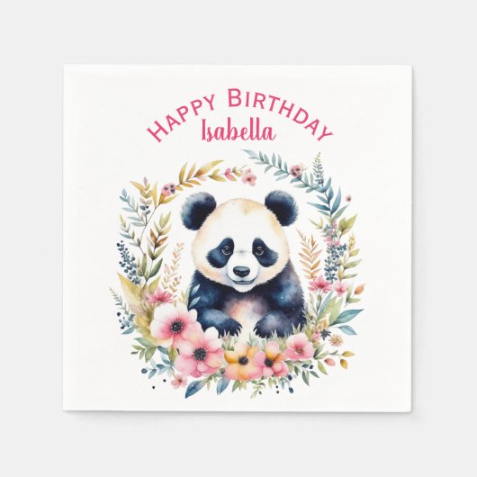 Panda Bear in Blume Girl's Geburtstag Personalisie Serviette (Vorderseite)