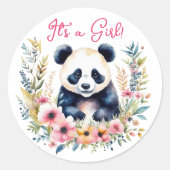 Panda Bear in Blume Girl's It's a Girl Runder Aufkleber (Vorderseite)