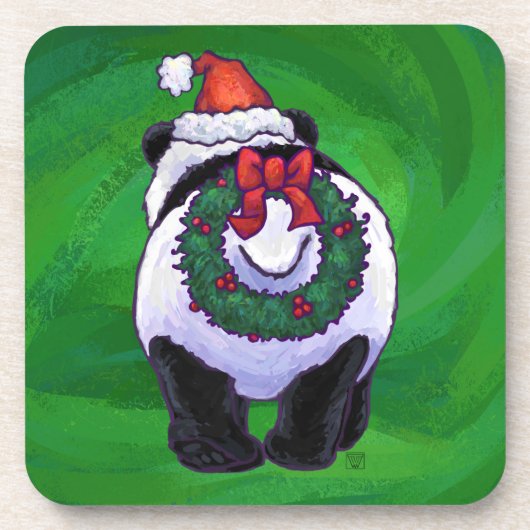Panda Bear in Weihnachtsmannmütze auf Green Getränkeuntersetzer (Vorderseite)