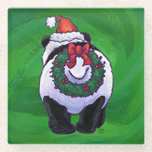 Panda Bear in Weihnachtsmannmütze auf Green Glasuntersetzer (Vorderseite)