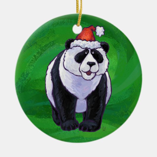 Panda Bear in Weihnachtsmannmütze auf Green Keramik Ornament (Vorne)