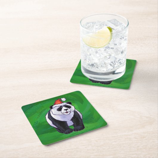 Panda Bear in Weihnachtsmannmütze auf Green Rechteckiger Pappuntersetzer (Vor Ort)