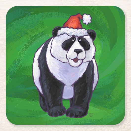 Panda Bear in Weihnachtsmannmütze auf Green Rechteckiger Pappuntersetzer (Vorderseite)