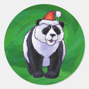Panda Bear in Weihnachtsmannmütze auf Green Runder Aufkleber