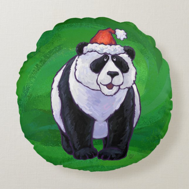 Panda Bear in Weihnachtsmannmütze auf Green Rundes Kissen (Vorderseite)