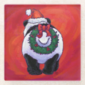 Panda Bear in Weihnachtsmannmütze auf Rot Glasuntersetzer (Vorderseite)