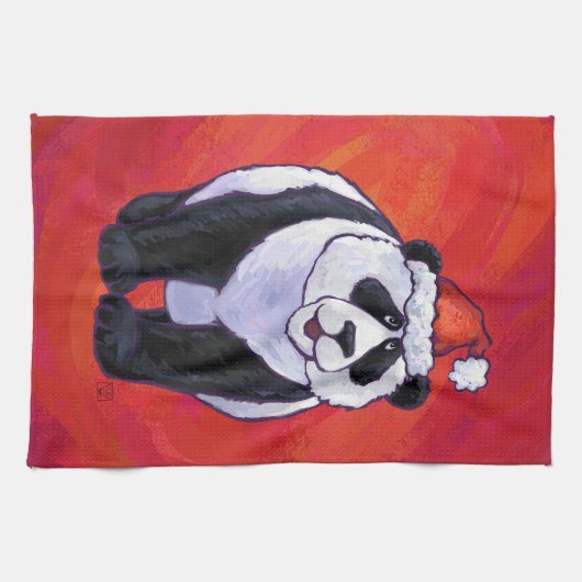 Panda Bear in Weihnachtsmannmütze auf Rot Küchentuch (Horizontal)