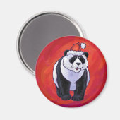Panda Bear in Weihnachtsmannmütze auf Rot Magnet (Vorderseite/Rückseite)