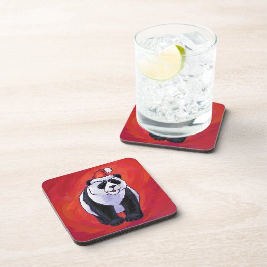 Panda Bear in Weihnachtsmannmütze auf Rot Untersetzer (Rechte Seite)