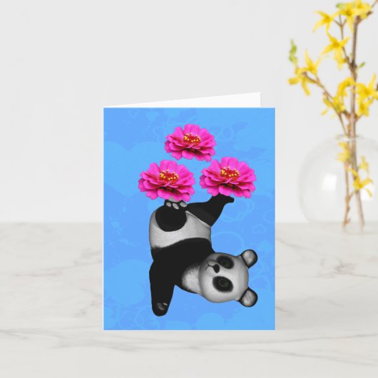 Panda Bear Juggling Pink Zinnias Note Karte (Gelbe Blume)