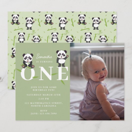Panda Bear Kawaii Kids First One Birthday Photo Einladung (Vorne/Hinten)