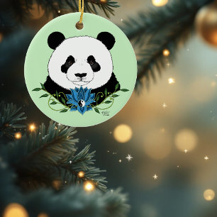 Panda Bear Lotus Blume Blue Keramik Ornament