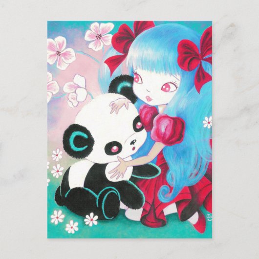 Panda Bear mit Kawaii Girl Postkarte (Vorderseite)
