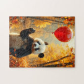 Panda Bear mit rotem Ballon im Herbst Puzzle (Horizontal)
