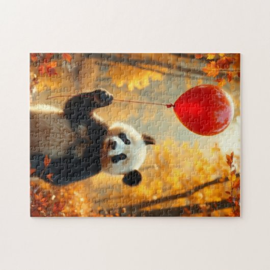 Panda Bear mit rotem Ballon im Herbst Puzzle (Horizontal)