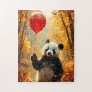 Panda Bear mit rotem Ballon im Herbst Puzzle