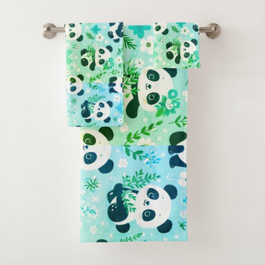Panda Bear Muster Green Print Badhandtuch Set (Insitu)