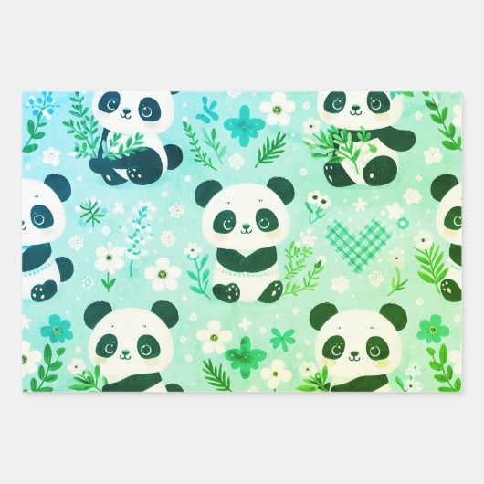 Panda Bear Muster Green Print Geschenkpapier Set (Vorderseite 3)