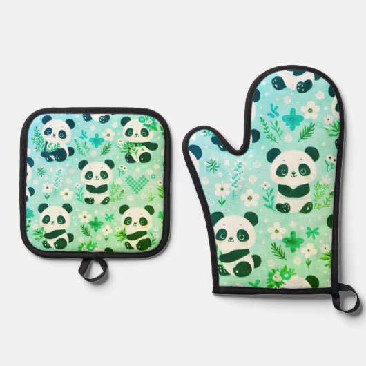 Panda Bear Muster Green Print Ofenhandschuh & Topflappen-Set (Vorderseite)