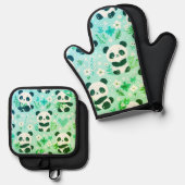 Panda Bear Muster Green Print Ofenhandschuh & Topflappen-Set (Vorderseite/Rückseite)