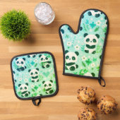 Panda Bear Muster Green Print Ofenhandschuh & Topflappen-Set (Oben Unten)