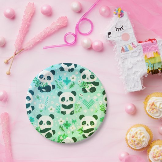 Panda Bear Muster Green Print Pappteller (Party)
