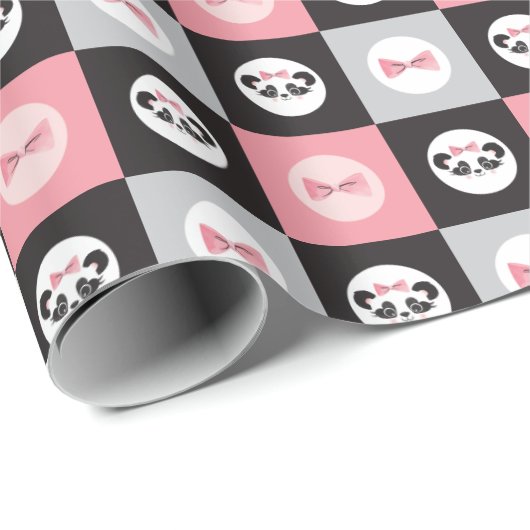 Panda Bear Pink Bow Blockmuster Geschenkpapier (Rolleneckpunkt)